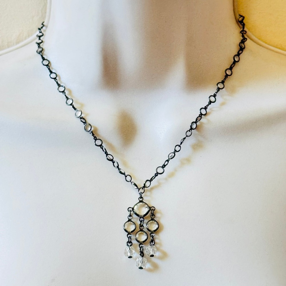 VTG Victorian Goth Style Crystal Necklace Brass Fringe Cascade Open Bezel 16"‎